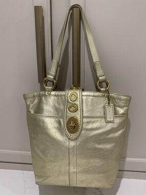Coach Lily Legacy Metallic Gold Leather TurnLock Tote Shoulder Bag